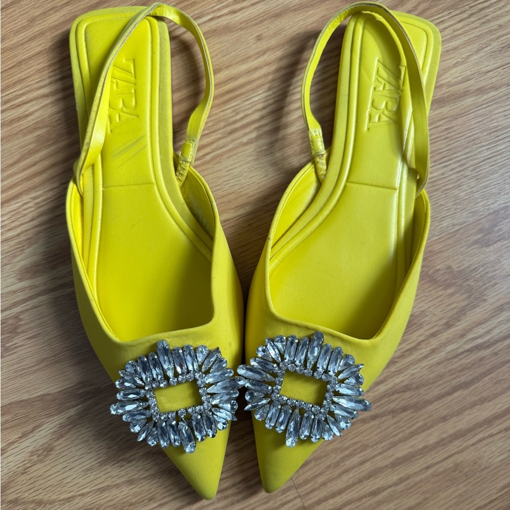 Zara Yellow Slingback Flats with Crystal Detail